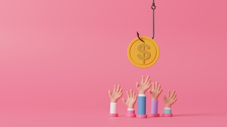 money bait and money trap business concept. hook and dollar coin with greedy hand,financial trap concept. investment risk or low level of financial. corporate slavery, psychology pressure. 3d render