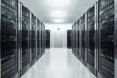 modern network and telecommunication technology computer concept: server room in datacenter