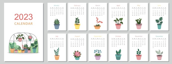 a4 calendar for 2023. cute houseplants. a set of pages for 12 months of 2023. vector illustration. the week starts on sunday.