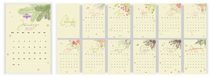 wall monthly calendar 2023. simple monthly vertical hand drawn, watercolor calendar design 2023 in english. cover, 12 months templates. week starts from monday. vector illustration