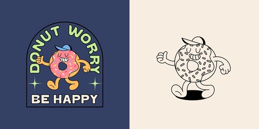 donut worry be happy funny greeting card. hand lettered phrase with donut illustration in retro style. creative quote for cards, banners, t-shirt prints and posters