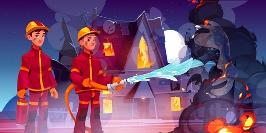 firemen team extinguish fire in burning house. brave rescuers wearing uniform and helmets holding water hose fighting with flame. emergency service, dangerous profession, cartoon vector illustration