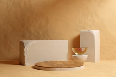 beige stone podium with wooden top. white sandstone blocks and glass half-sphere on natural beige stone with soft shadow. concept of shop product or cosmetic display stand background, mock up. 3d