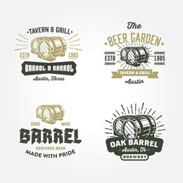 set of vintage badge, label, logo template designs with wooden barrels for beer house, bar, pub, brewing company, brewery, tavern, restaurant, winery, wine whiskey market 