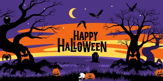 happy halloween vector banner. illustration in funny cartoon comic style, flat design. dead monster trees, bats, pumpkins, owl, spider, headstone, skull against the backdrop of a night scary landscape