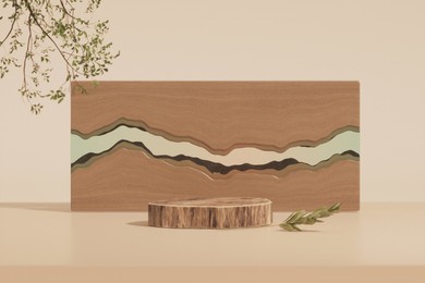 3d render wooden podium, showcase with shadows on pastel background with glass wall, tropical leaves of plants. stage showcase on pedestal display beige studio, exhibitions, presentation of products
