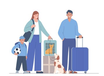 family goes on vacation. mother, father, child, cat and dog travel together. concept of traveling with pets.