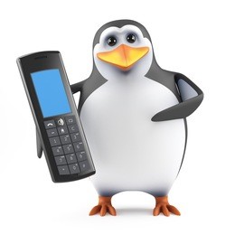 3d render of a penguin holding a mobile phone