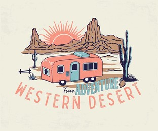 caravan in american desert vector with typography design