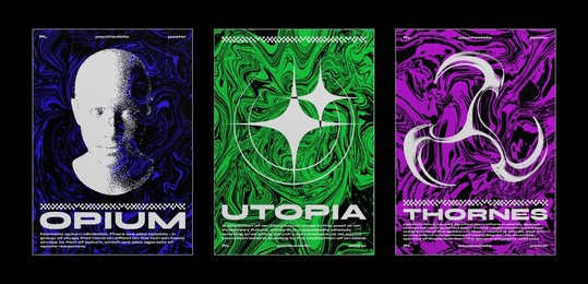 abstract bright posters with graphics and grunge texture. in techno style, a set of trendy retro posters. isolated on black background