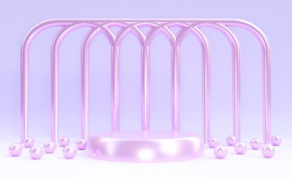 glossy pink podium with tiny spherical objects on purple  background. luxury stand to show products. stage showcase with beautiful girly scene for presentation. pedestal display. 3d rendering.