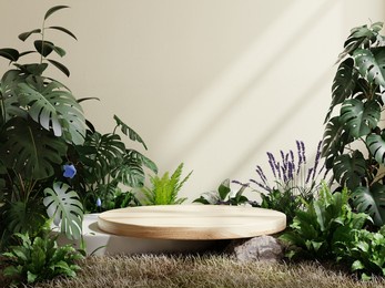 circle wooden plinth in tropical forest for product presentation and cream color background.3d rendering