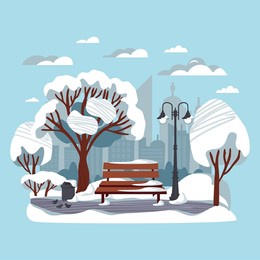 winter city park landscape with bench.banner or poster with trees,path,snow,birds and lantern.background with city silhouette and clouds.urban outdoor .vector flat cartoon illustration.