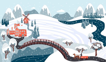 winter landscape with cozy houses, a bridge and a horse.horizontal banner with farm buildings, mountains, trees,river,hills,sky with clouds, snow and windmill.vector flat cartoon illustration.