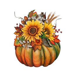 watercolor decorative pumpkin with sunflowers and dried herbs
