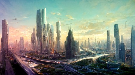 high-rise buildings, flying vehicles, and lush vegetation all coexist in futuristic fantasy cityscape. spectacular digital art 3d illustration. acrylic painting.