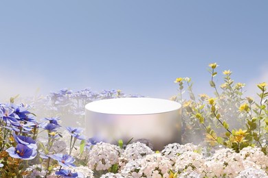 3d rendering, platform and natural podium background on colorful flowers field with mist on morning for product  stand display advertising cosmetic beauty products or skincare with empty round stage