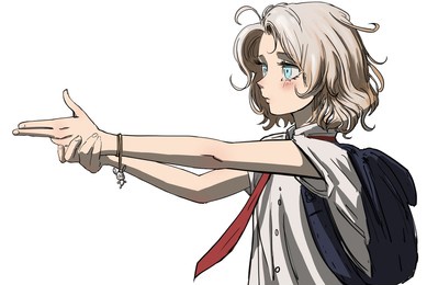 cute anime girl in school uniform with short white disheveled hair in a white shirt with a red tie, and a briefcase, she makes a hand gun gesture with her face in disbelief. 2d color simple sketch art