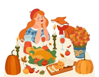 happy thanksgiving isolated illustration. cute lady with fox at festive table. vector design for card, poster, flyer, web and other use