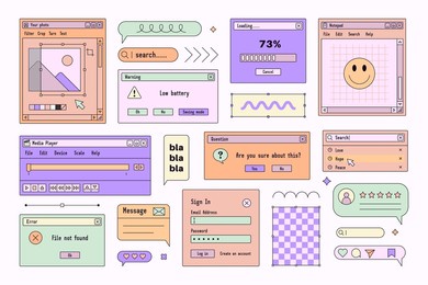 browser computer interface windows in vaporwave 90s style. retro pc desktop template boxes and elements. vector illustrations set.