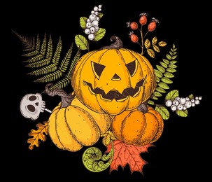 halloween pumpkin illustration. hand drawn vector illustration. jack o lantern. autumn bouquet. vintage design for the holiday halloween. design elements