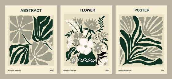 botanical wall art vector set. nordic line art drawing with abstract shape. abstract plant art design for print, cover, wallpaper, minimal and natural wall art. beige and black vector illustration.