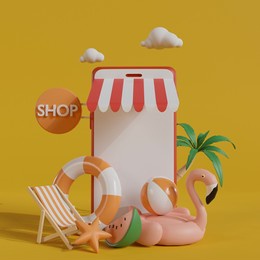 shopping online on summer concept. smartphone shop. 3d illustration.