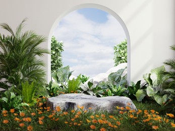 rock podium in tropical forest for product presentation behind is a view of the sky.3d rendering