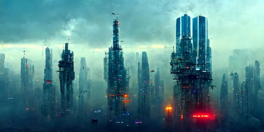 3d render abstract art illustration with surreal cyber punk industrial urban city landscape with super high told skyscrapers with neon red glowing lights in with blue azure clouds 