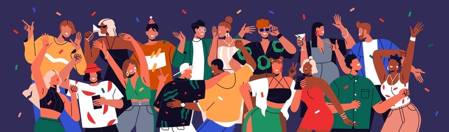 happy people crowd at holiday party. friends dancing, having fun together. young men and women characters group, youth celebrating event with joy. nightlife concept. colored flat vector illustration
