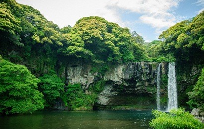 cheonjiyeon waterfall is a waterfall on jeju island, south korea. the name cheonjiyeon means sky. this picture well use in promoting the place for jeju island, south korea. jeju is well-know island.