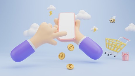 3d render mobile gadget with empty white screen in cartoon character hand on blue background, concept rainy season.