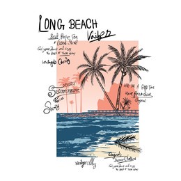 long beach, summer vibes hand draw, summer beach slogan with beach  illustration, hawaii, aloha surf typography for t-shirt print , beach vector print,