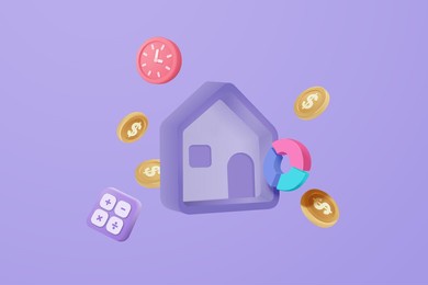 3d vector real estate for loan with calculator and clock alert. money saving to loan house, property concept of financial, money investment. 3d home finance vector icon render illustration