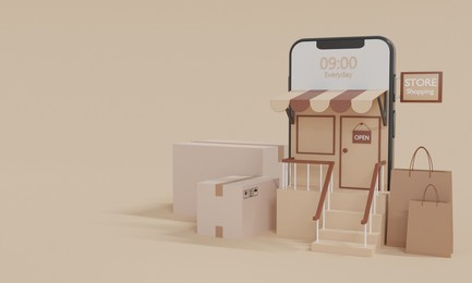 smartphone with shopping bag and parcel boxs tracking.online shopping on social media app concept.shopping online and delivery service on mobile application,3d render illustration.