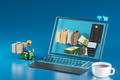 shopping online at the mall in laptop application advertising at home. delivery man ride motorbike from market. order from store network internet lifestyle. pays with card service. 3d illustrator.