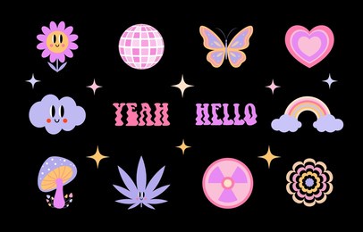 70s groovy stickers pack. retro print for graphic tee in y2k style. trendy girly patches collection.