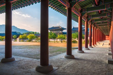 traditional korean architecture at gyeongbokgung palace in seoul, south korea.