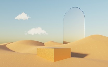 abstract dune cliff sand with metallic podium stand platform. surreal desert natural landscape background. scene of desert with glossy metallic arches geometric design. 3d render.