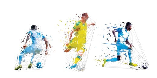 soccer, group of football players with ball, low polygonal footballers, geometric isolated vector illustration from triangles. soccer set