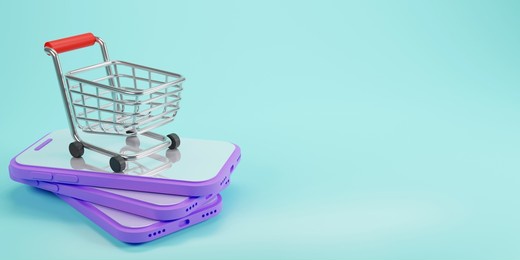 3d rendering of shopping cart over smartphone on pastel background, e-commerce sign