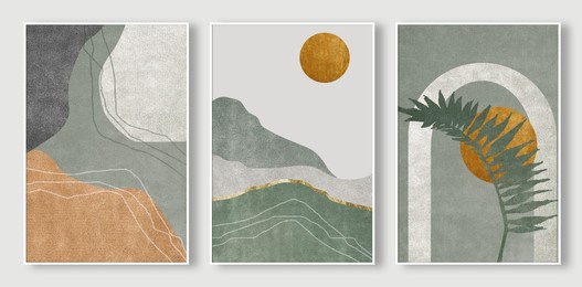 a set of three minimalist art hand-painted illustrations. fashionable modern geometry art wall, wall paper, wall painting, hang a picture, green,