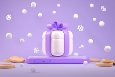 surprise gift celebrate on smart mobile phone social online with snow falling and coins illustration backgrounds 3d rendering
