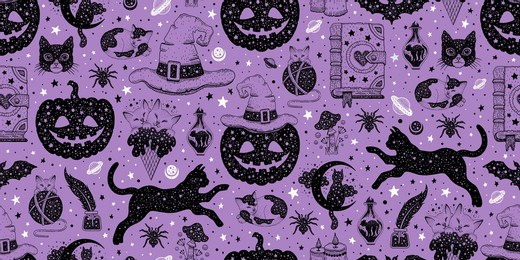 halloween seamless pattern. vector background with pumpkin cat witch hat potion. cute esoteric design. black spooky wallpaper illustration. cat horror sketch art. magic psychedelic halloween pattern