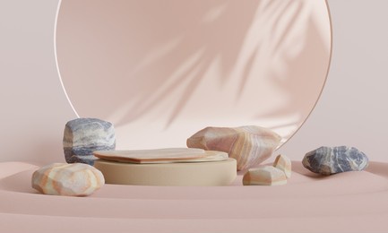 rock podium on sand background for product presentation. natural beauty pedestal, 3d illustration	