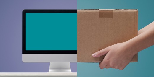 computer with blank screen and courier delivering a package, delivery and shipping concept