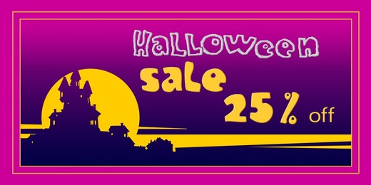sticker or banner, where on a crimson background the text "halloween sale", a decorative pattern and the amount of the discount