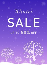 sale poster with night sky, white silhouettes of trees and deer, snowflakes. design layout for banner, flyer, discount, coupon. festive vector illustration.