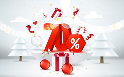 season sale banner. bright room with christmas elements and digits. 3d style vector banner