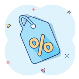 vector cartoon discount shopping tag icon in comic style. discount percent coupon concept illustration pictogram. shop badge splash effect concept.
